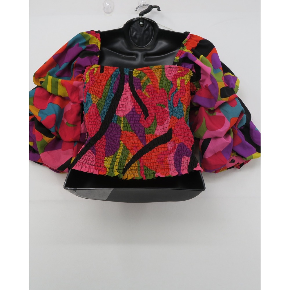 Live 4 Truth Smocked Puff Sleeve Crop Top Multi Color Abstract Print Medium - Picture 4 of 10
